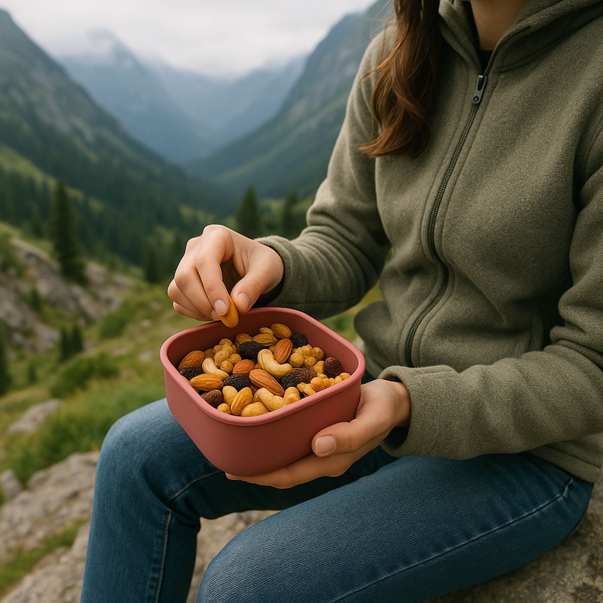 Woman enjoying trail mix in a red ZipNow silicone container during mountain hike
