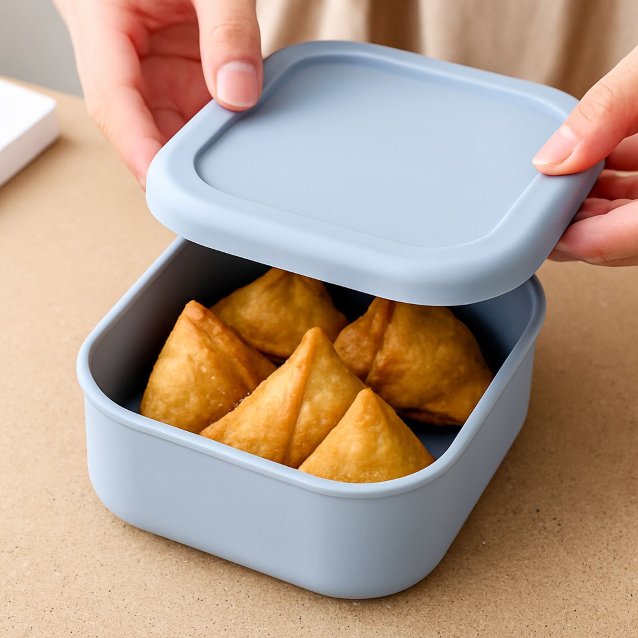 Blue ZipNow silicone container with samosas being stored on kitchen table
