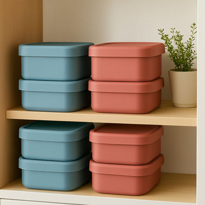 ZipNow square silicone containers neatly stacked on shelf in red and blue colors

