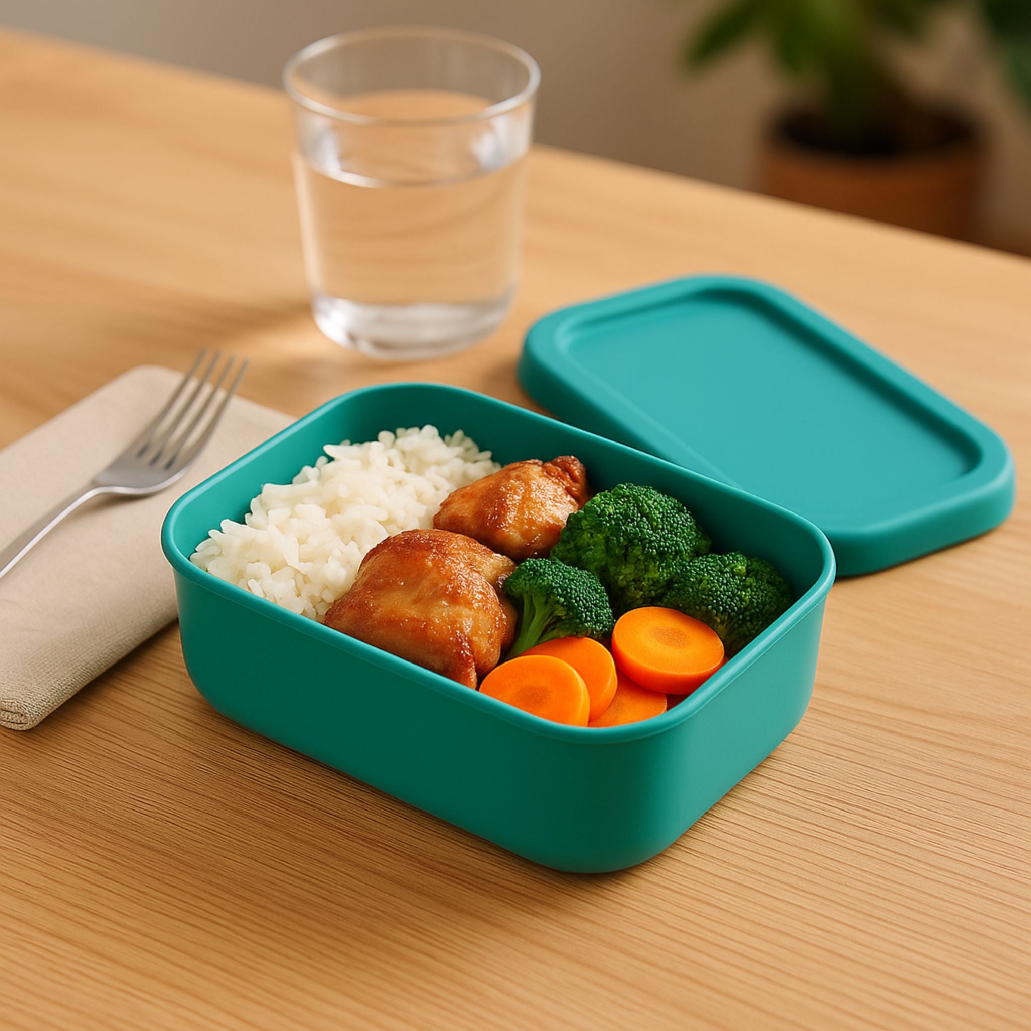 ZipNow teal silicone container with grilled chicken, rice, and vegetables, perfect for healthy lunch storage.

