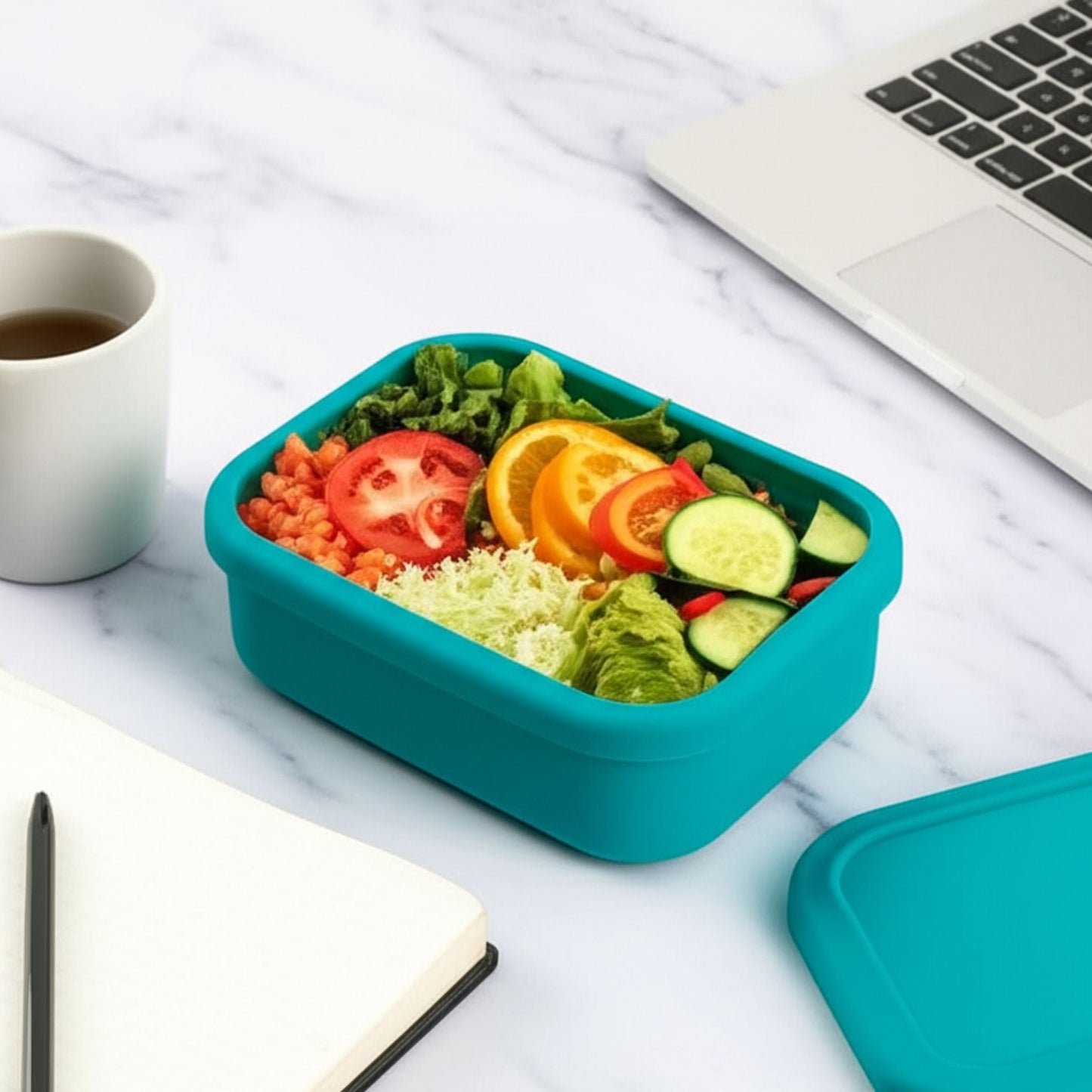 ZipNow teal silicone lunchbox filled with fresh salad placed on an office desk with laptop and coffee.
