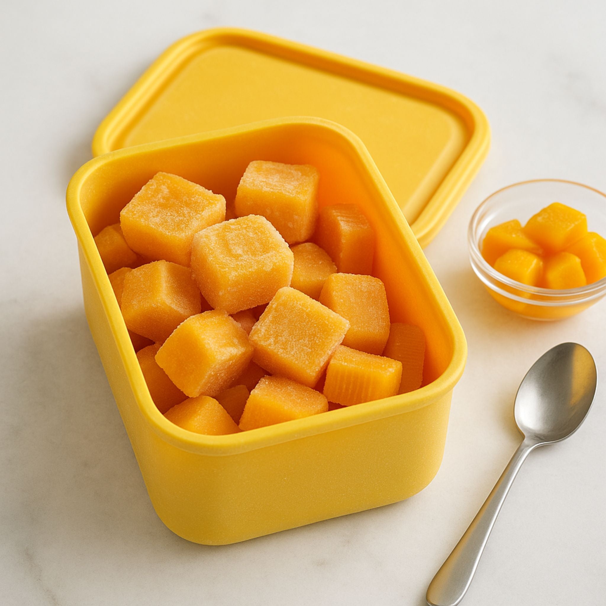 ZipNow yellow silicone food container filled with frozen mango cubes, ideal for freezer storage.

